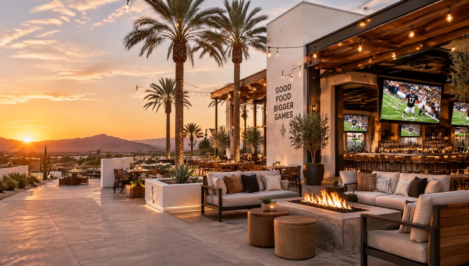 Palm-lined sports grill patio at sunset with big screens
